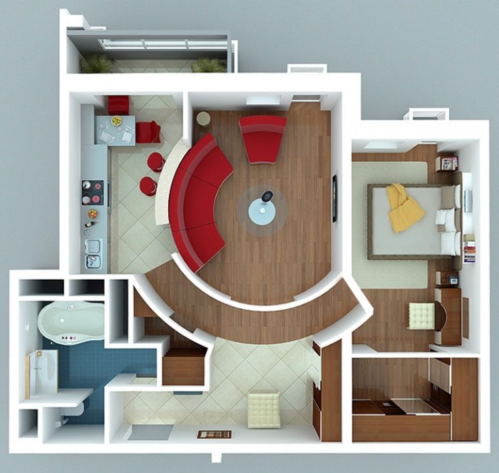 This one bedroom apartment looks like something out of the future with curved seating and walls in a large central living area a modern kitchen This one bedroom apartment looks like something out of the future with curved seating and walls in a large central living area a modern kitchen